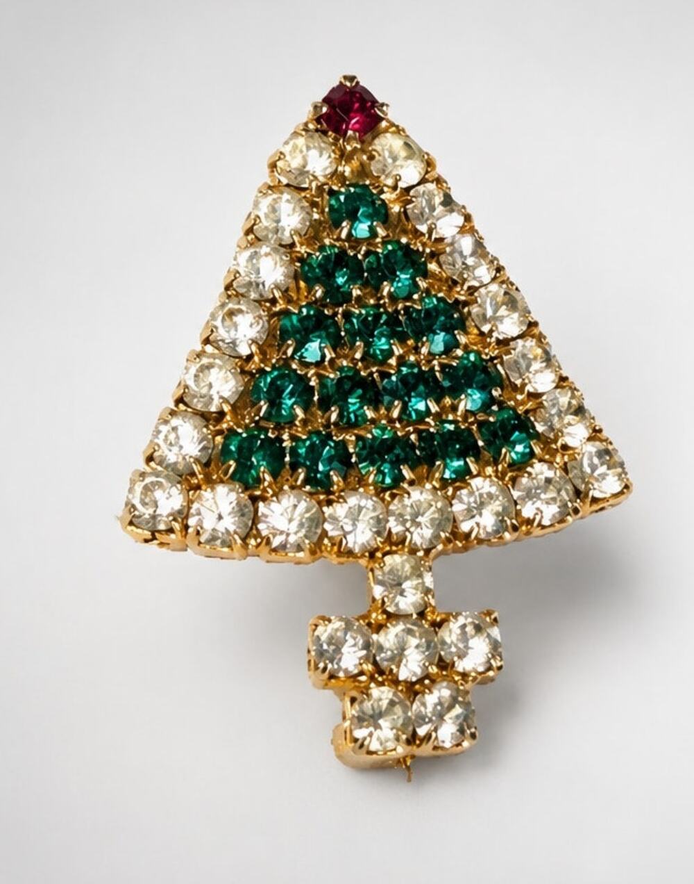 Vintage Christmas Tree Rhinestone Brooch Pin 1.25” Red Green White Glass Gold-to